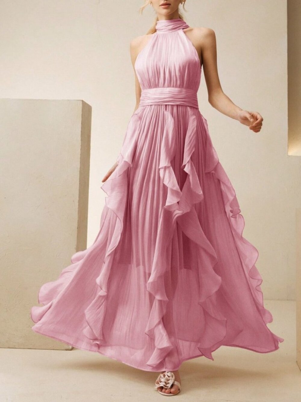 Pink Technical Organza Halter Neck Ruffle Tiered A-Line Maxi Dress